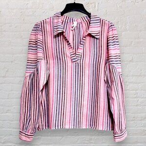 AMADI Pink Long Sleeve Stripe Linen Blouse Top Boho Pop Over Anthropologie L